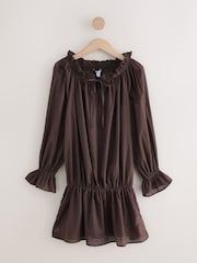 Chocolate Brown Off Shoulder Blouson Mini Dress - Image 8 of 10