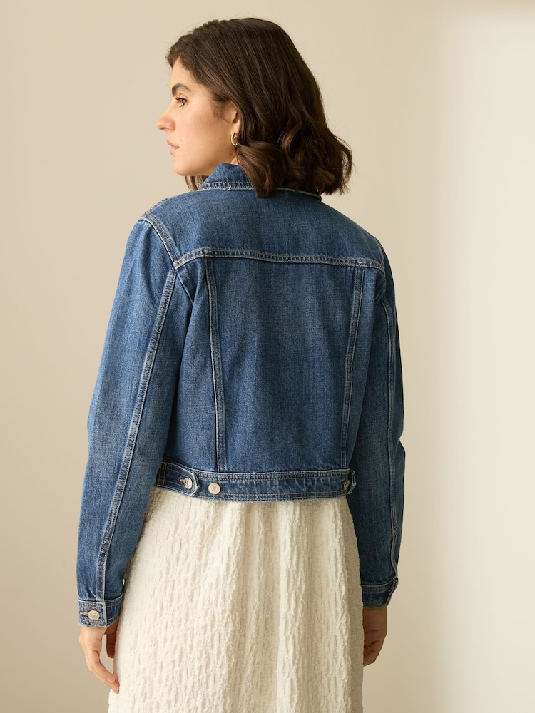 Dark Blue Fitted Denim Trucker 100% Cotton Jacket - Image 3 of 6