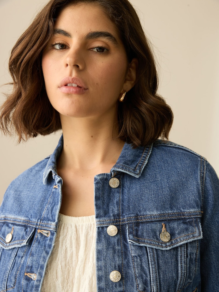 Dark Blue Fitted Denim Trucker 100% Cotton Jacket - Image 4 of 6