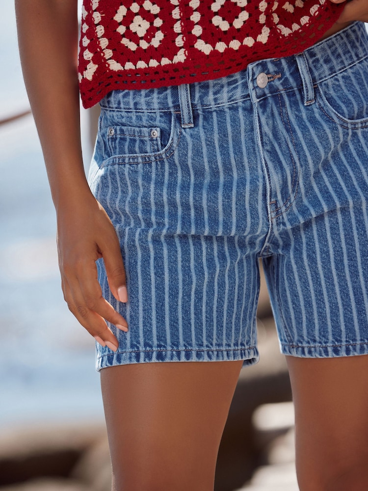 Blue Stripe 100% Cotton Rigid Denim Shorts - Image 4 of 7