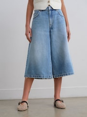 Mid Blue Denim Longline Jort Denim Shorts - Image 2 of 8