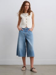 Mid Blue Denim Longline Jort Denim Shorts - Image 3 of 8