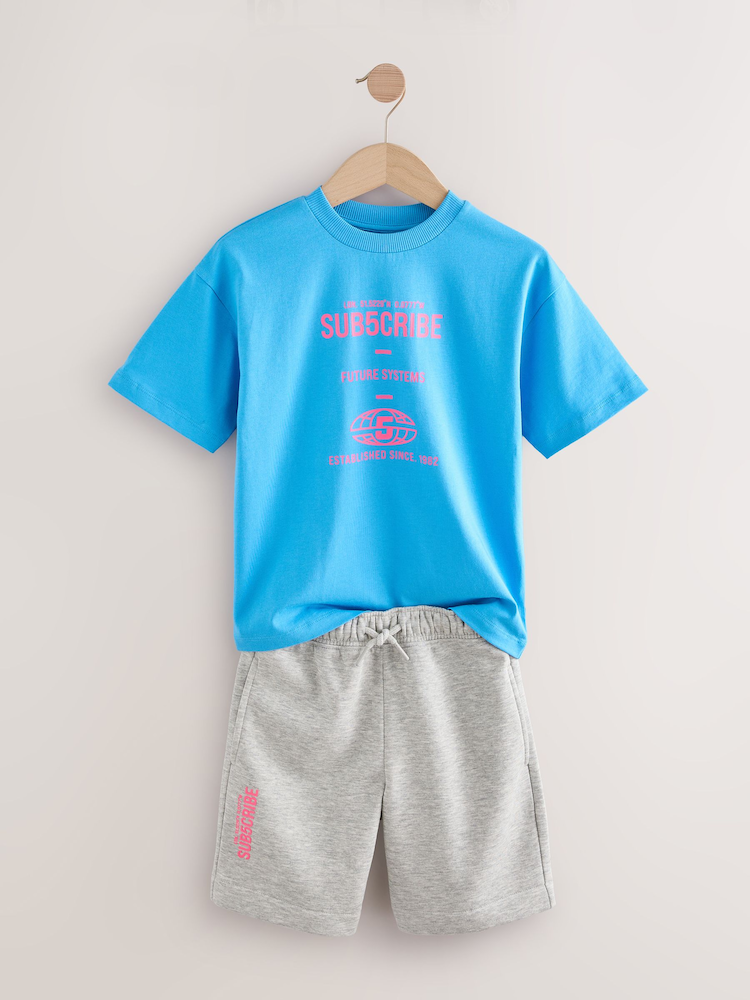 Blue/Grey Relaxed Fit Short Sleeve T-Shirt and Shorts Set (3-16yrs) - Image 3 of 5