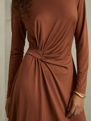 Reiss Camel Casey Draped Jersey Midi Dress - Image 3 of 5