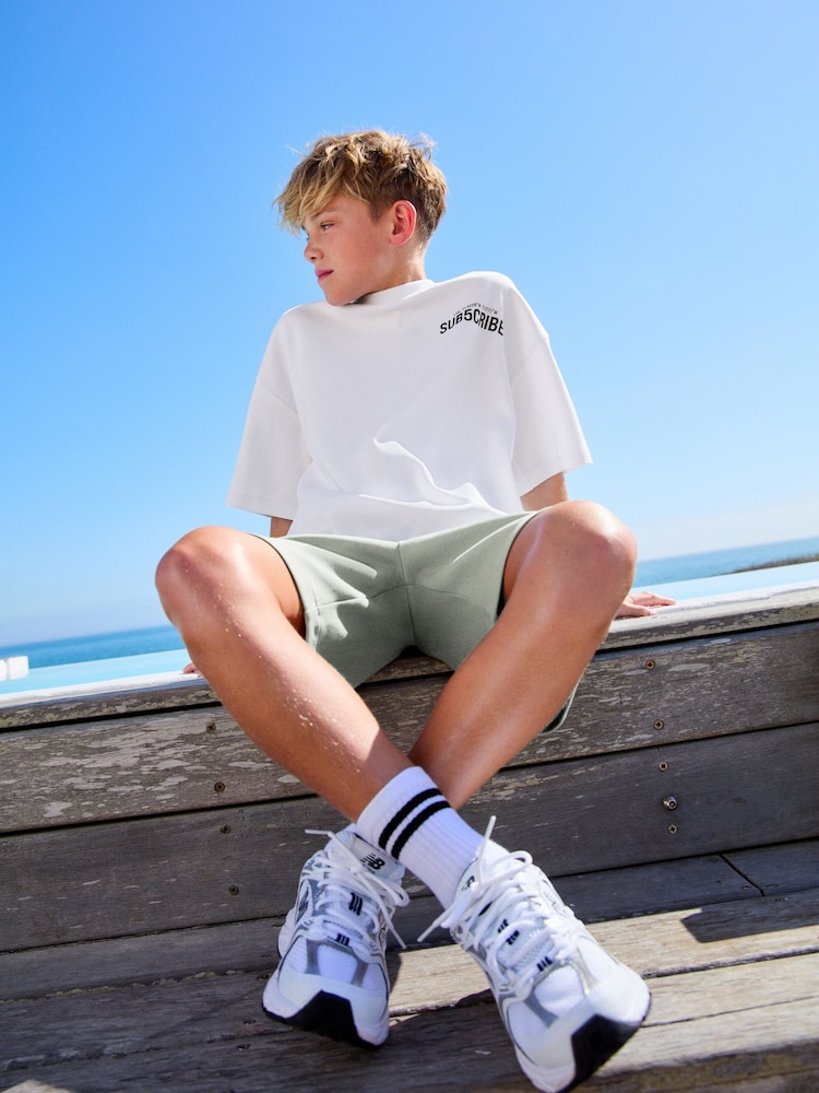 White/Sage Green Subscribe Boxy Fit Short Sleeve T-Shirt and Shorts Set (3-16yrs) - Image 2 of 7