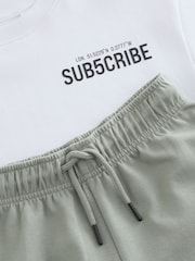 White/Sage Green Subscribe Boxy Fit Short Sleeve T-Shirt and Shorts Set (3-16yrs) - Image 6 of 7