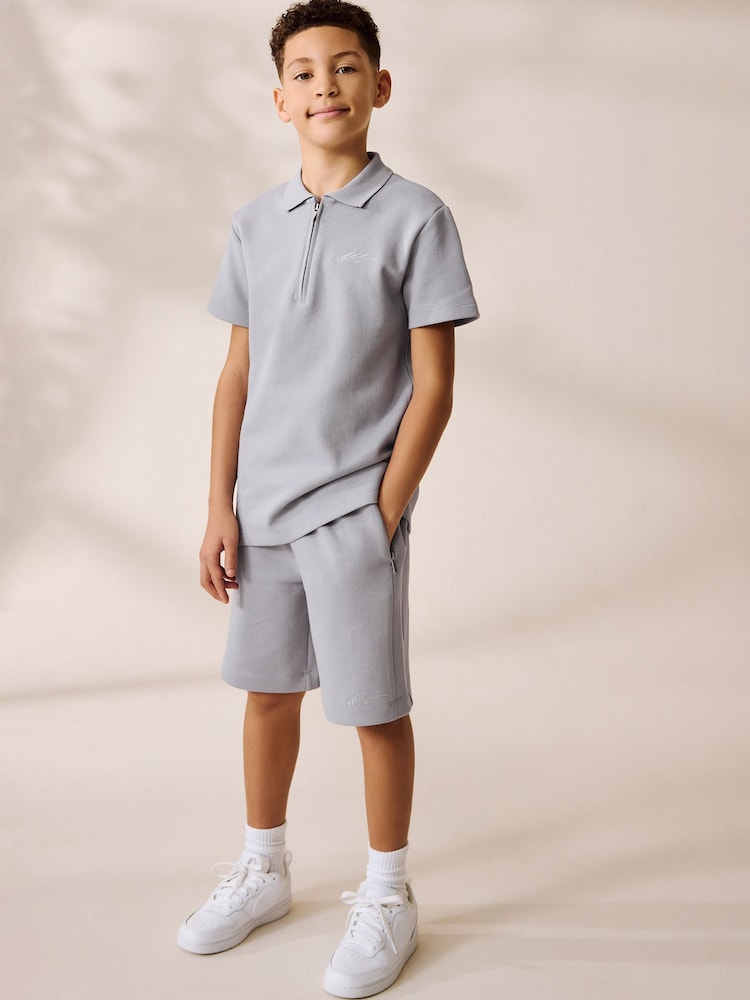 Grey Zip Neck Polo Shirt and Shorts Set (3-16yrs) - Image 1 of 8
