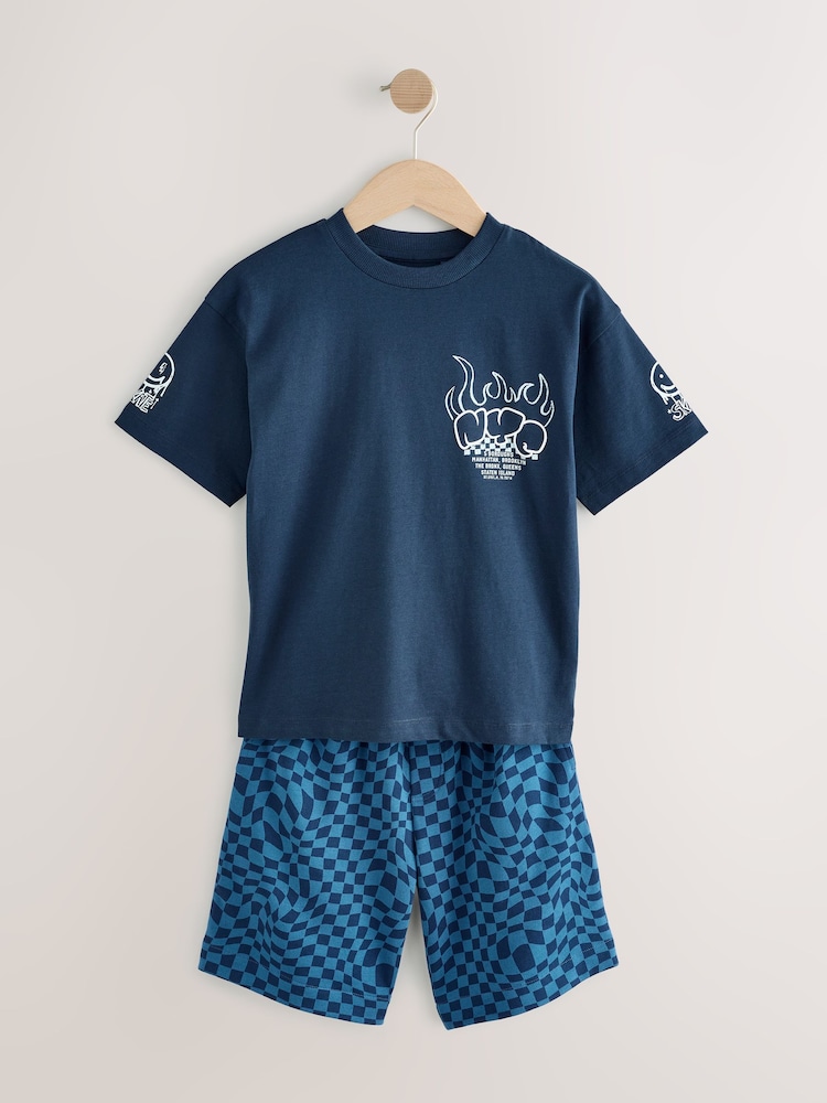 Navy Blue Checkerboard Relaxed Fit Short Sleeve T-Shirt and Shorts Set (3-16yrs) - Image 1 of 5