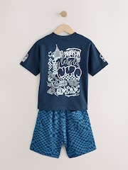 Navy Blue Checkerboard Relaxed Fit Short Sleeve T-Shirt and Shorts Set (3-16yrs) - Image 2 of 5