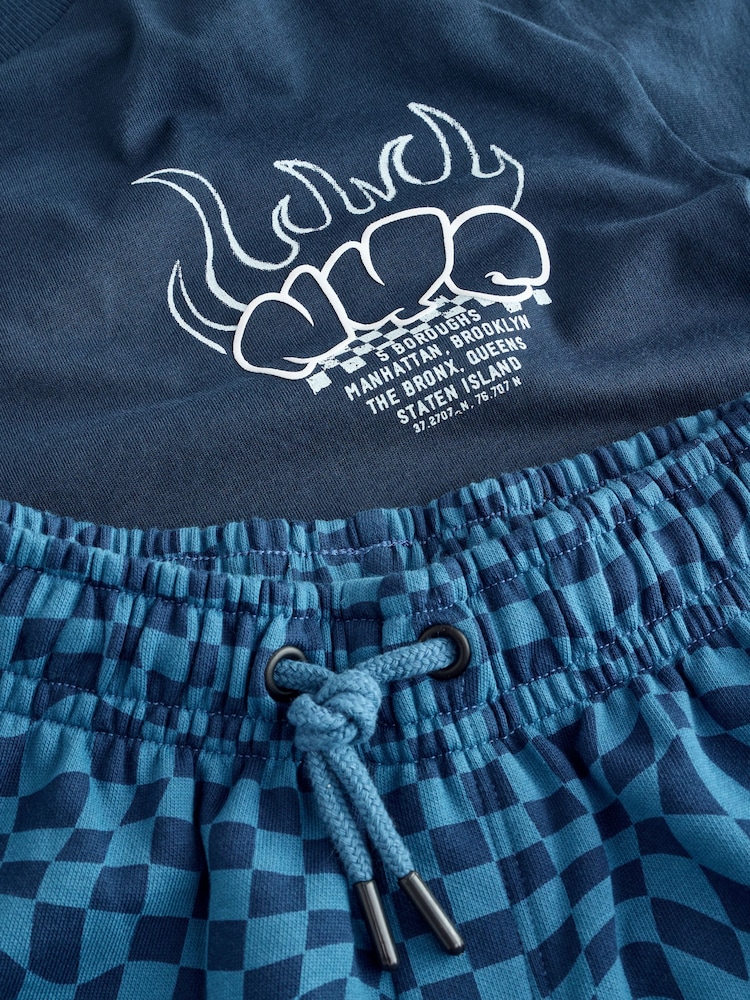 Navy Blue Checkerboard Relaxed Fit Short Sleeve T-Shirt and Shorts Set (3-16yrs) - Image 3 of 5