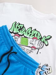 White/Blue Graffiti Relaxed Fit Short Sleeve T-Shirt and Shorts Set (3-16yrs) - Image 10 of 11