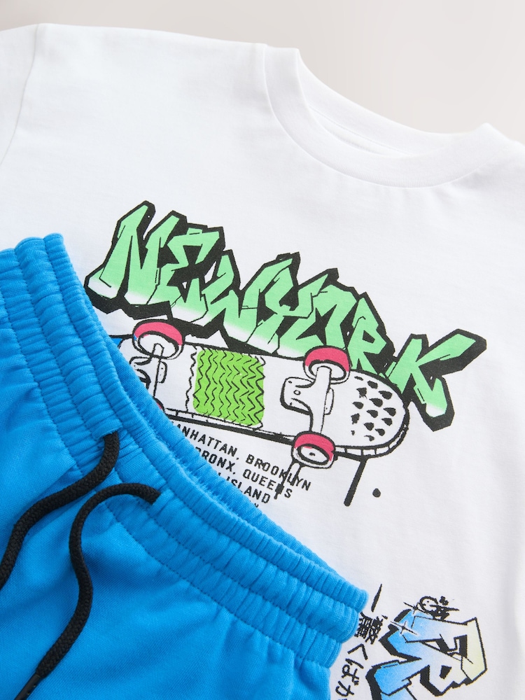 White/Blue Graffiti Relaxed Fit Short Sleeve T-Shirt and Shorts Set (3-16yrs) - Image 10 of 11