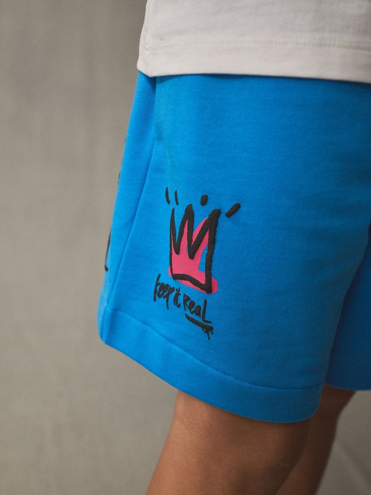 White/Blue Graffiti Relaxed Fit Short Sleeve T-Shirt and Shorts Set (3-16yrs) - Image 5 of 11
