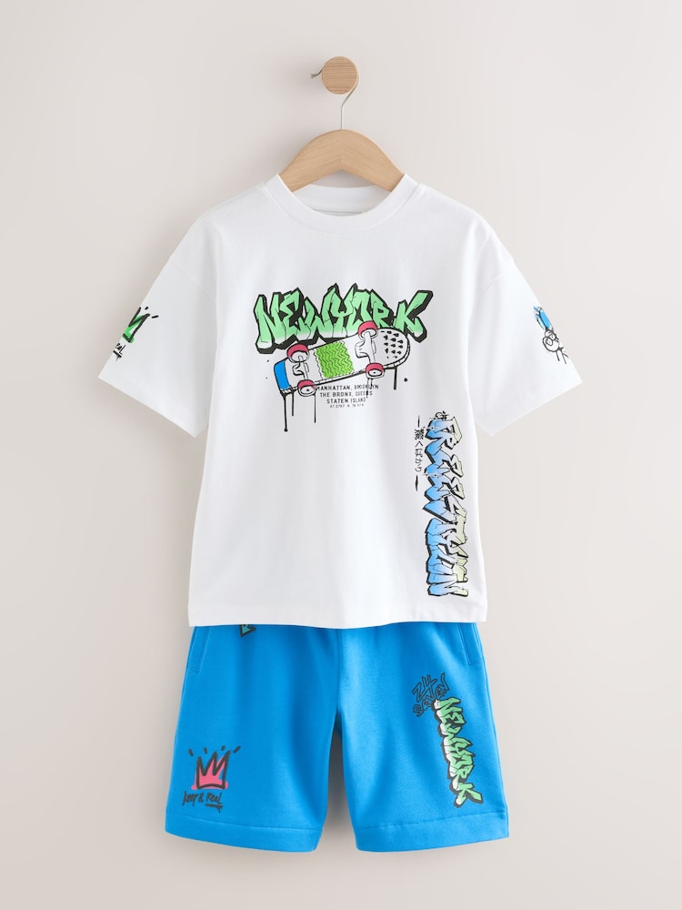 White/Blue Graffiti Relaxed Fit Short Sleeve T-Shirt and Shorts Set (3-16yrs) - Image 6 of 11