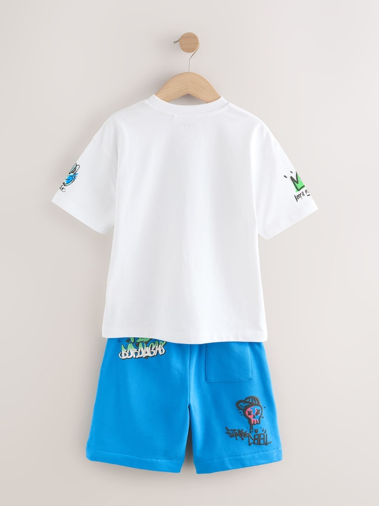 White/Blue Graffiti Relaxed Fit Short Sleeve T-Shirt and Shorts Set (3-16yrs) - Image 7 of 11