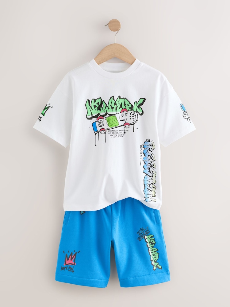 White/Blue Graffiti Relaxed Fit Short Sleeve T-Shirt and Shorts Set (3-16yrs) - Image 8 of 11