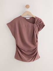 Rust Brown Drape Aymmetric Twist Neck Top - Image 1 of 3