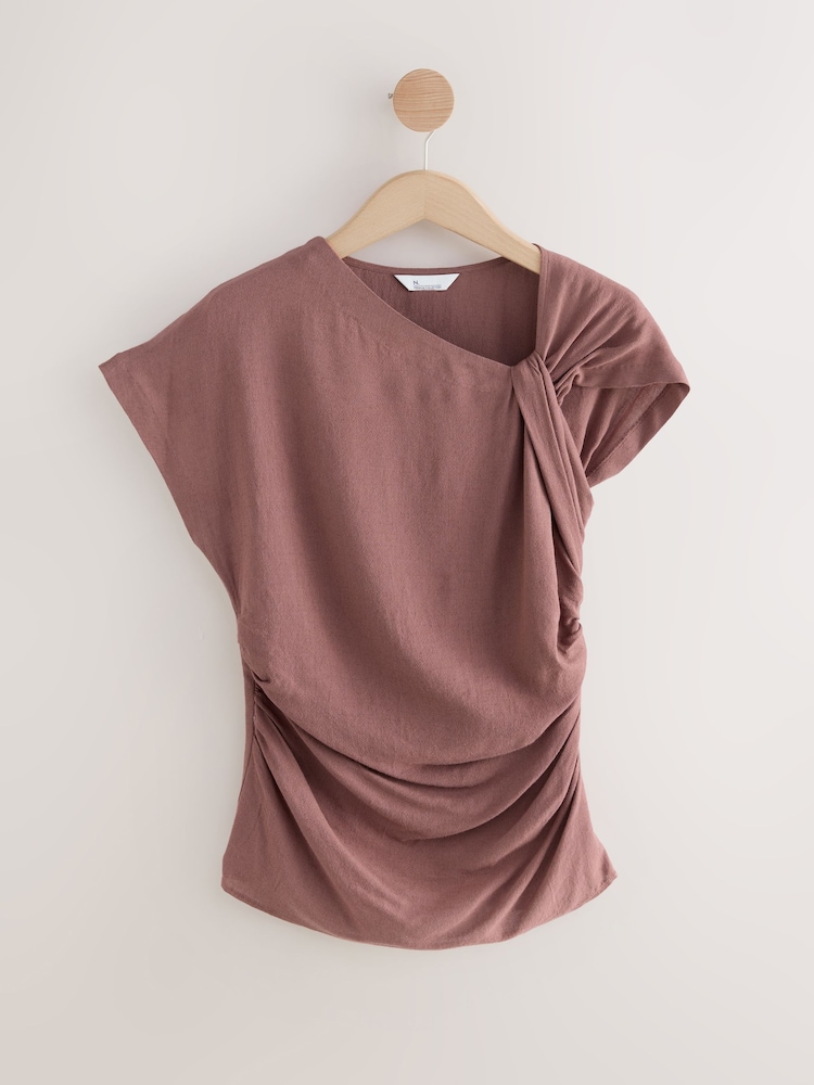 Rust Brown Drape Aymmetric Twist Neck Top - Image 1 of 3 Rust Brown Drape Aymmetric Twist Neck Top - Image 1 of 3