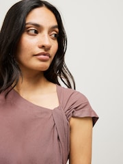Rust Brown Drape Aymmetric Twist Neck Top - Image 5 of 8