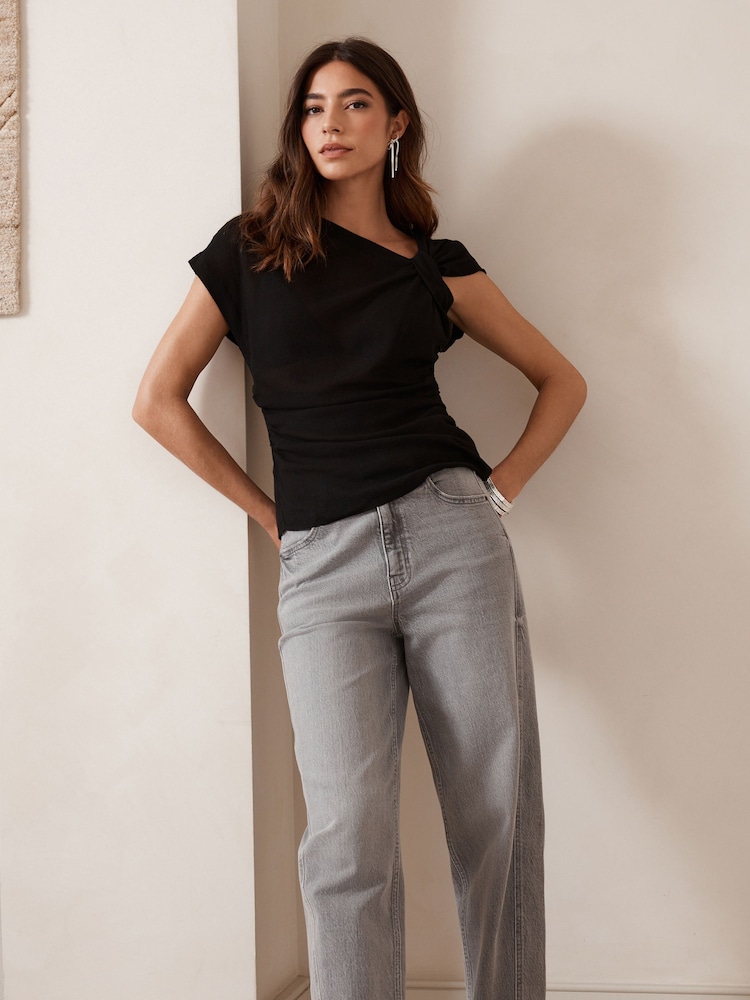 Black Drape Aymmetric Twist Neck Top - Image 1 of 4 Black Drape Aymmetric Twist Neck Top - Image 1 of 4