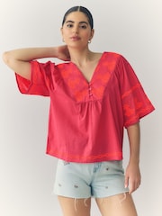 Orange and Pink Pineapple Embroidered Short Sleeve Top - Image 1 of 9