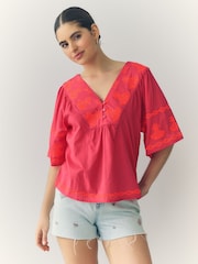 Orange and Pink Pineapple Embroidered Short Sleeve Top - Image 2 of 9