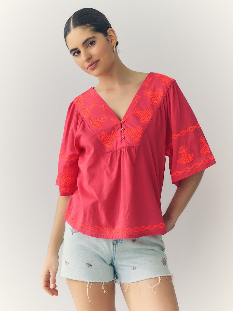 Orange and Pink Pineapple Embroidered Short Sleeve Top - Image 2 of 9