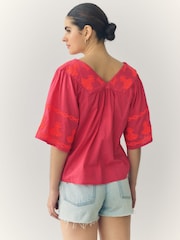 Orange and Pink Pineapple Embroidered Short Sleeve Top - Image 3 of 9