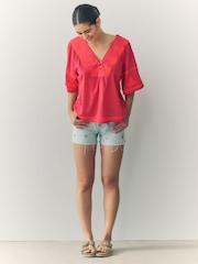 Orange and Pink Pineapple Embroidered Short Sleeve Top - Image 4 of 9