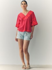 Orange and Pink Pineapple Embroidered Short Sleeve Top - Image 5 of 9