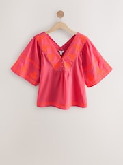 Orange and Pink Pineapple Embroidered Short Sleeve Top - Image 7 of 9