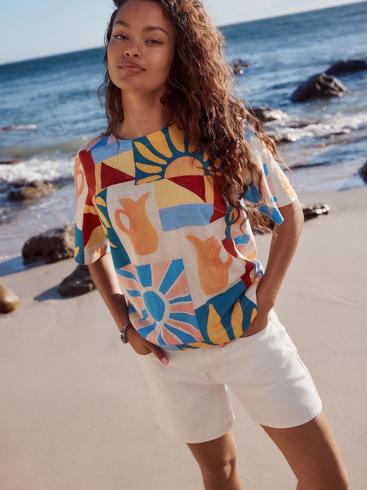 Red/Blue Abstract Sunshine Print Short Sleeve Boxy T-Shirt with Linen - Image 2 of 9