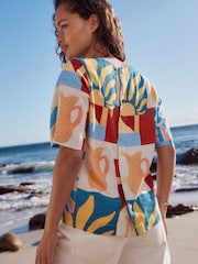 Red/Blue Abstract Sunshine Print Short Sleeve Boxy T-Shirt with Linen - Image 3 of 9