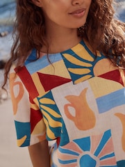Red/Blue Abstract Sunshine Print Short Sleeve Boxy T-Shirt with Linen - Image 4 of 9