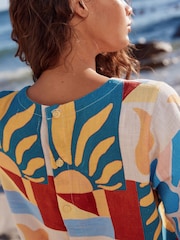 Red/Blue Abstract Sunshine Print Short Sleeve Boxy T-Shirt with Linen - Image 5 of 9