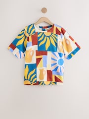 Red/Blue Abstract Sunshine Print Short Sleeve Boxy T-Shirt with Linen - Image 6 of 9