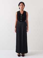 LK Bennett Black Carine Petite Waistcoat Culotte 100% Cotton Jumpsuit - Image 1 of 5