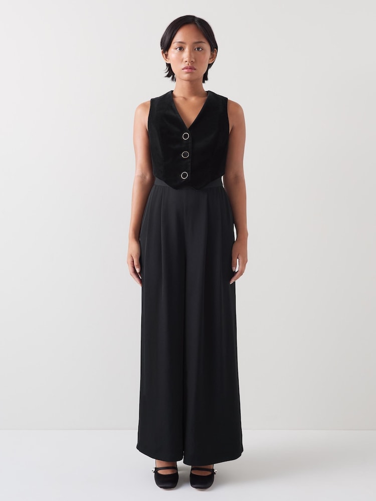 LK Bennett Black Carine Petite Waistcoat Culotte 100% Cotton Jumpsuit - Image 1 of 5