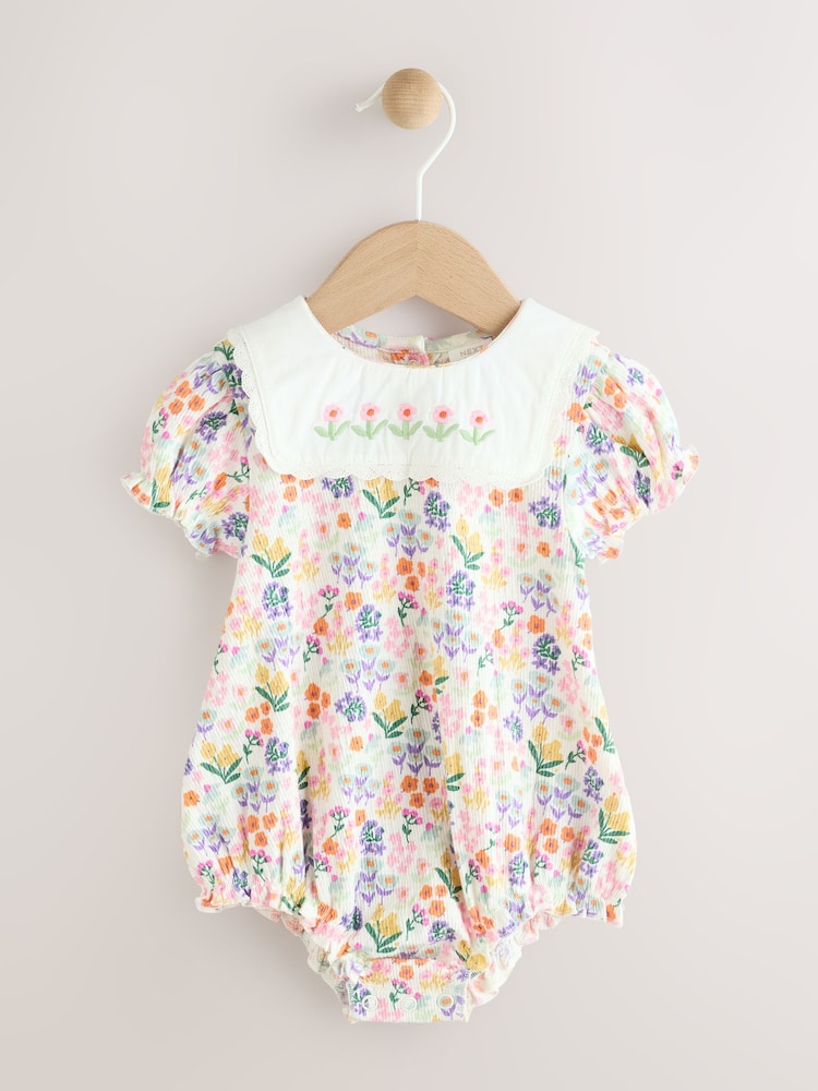 Bright Multi Colour Floral Printed Baby Woven Collared Romper - Image 1 of 8