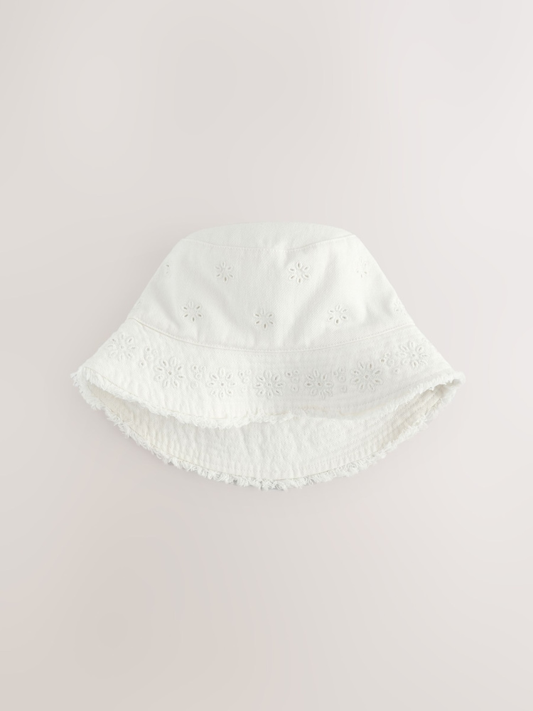 White 100% Cotton Broderie Anglais Flower Bucket Hat (3mths-16yrs) - Image 1 of 3
