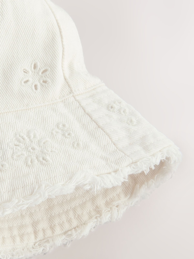 White 100% Cotton Broderie Anglais Flower Bucket Hat (3mths-16yrs) - Image 3 of 3
