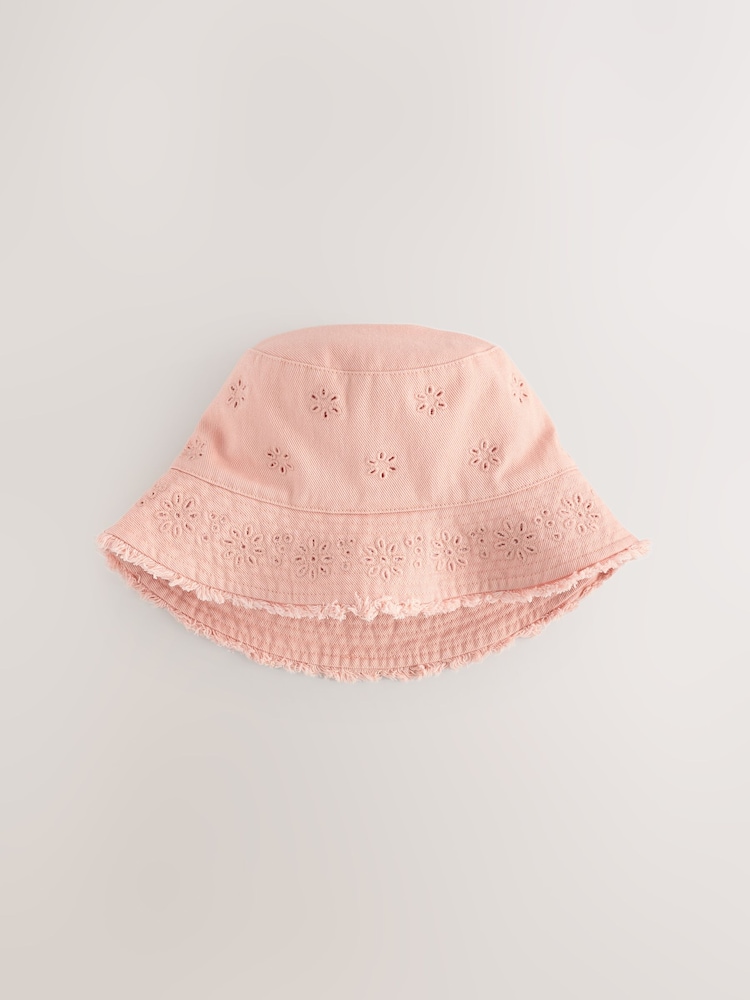 Pink 100% Cotton Broderie Anglais Flower Bucket Hat (3mths-16yrs) - Image 1 of 3
