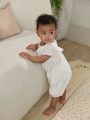 White Embroidered Frill Shoulder Floral Baby Romper - Image 1 of 4