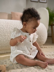 White Embroidered Frill Shoulder Floral Baby Romper - Image 2 of 4