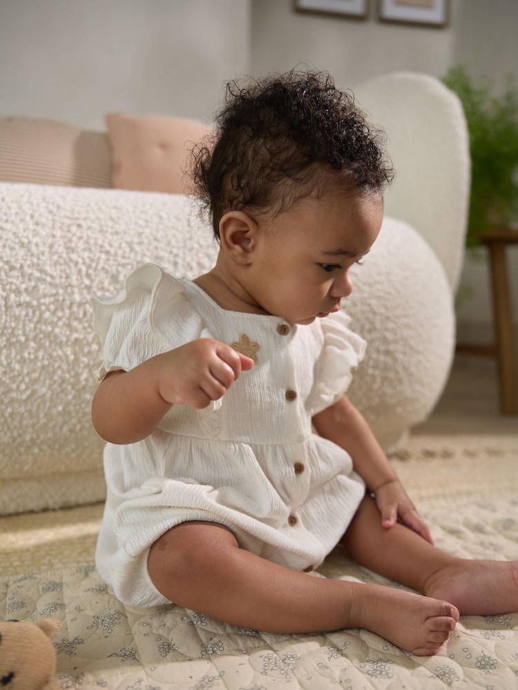 White Embroidered Frill Shoulder Floral Baby Romper - Image 2 of 4