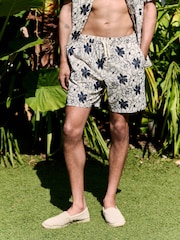 Navy/White Floral Embroidered Elasticated Waist Shorts - Image 1 of 9
