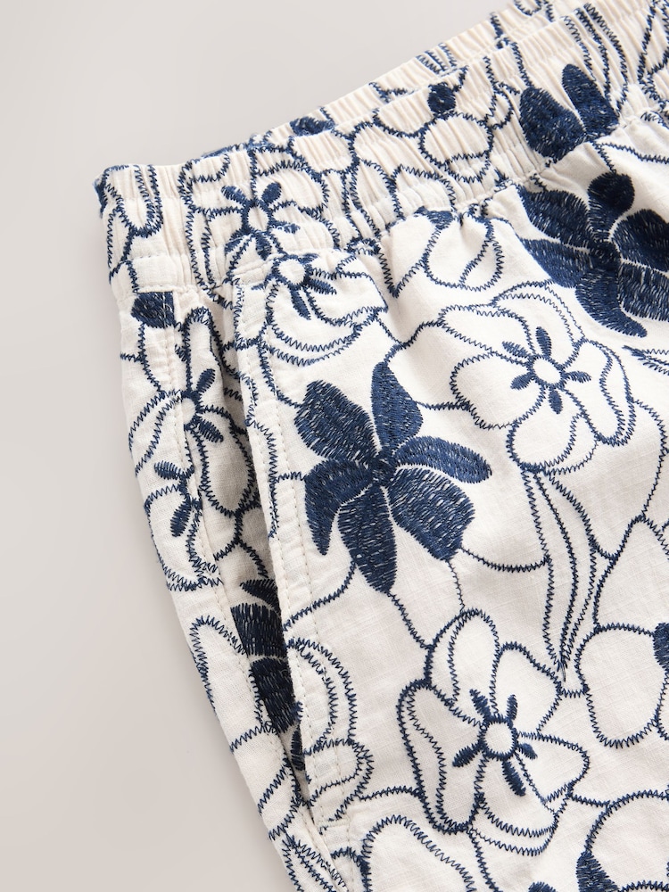 Navy/White Floral Embroidered Elasticated Waist Shorts - Image 9 of 9