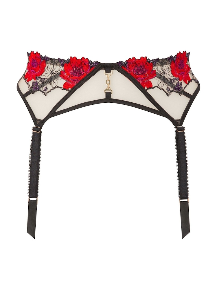 Ann Summers Black Caged Rose Floral Print Embroidery Suspender Belt - Image 5 of 5