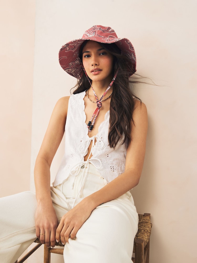 Red Paisley Print Wide Brim Bucket Hat - Image 1 of 5