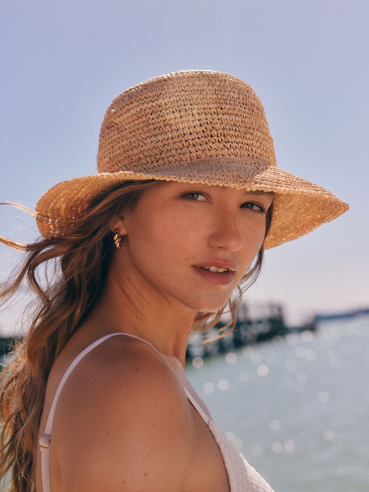 Neutral Flat Top Straw Bucket Hat - Image 3 of 7